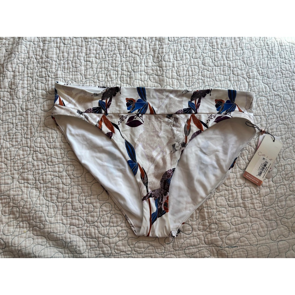 CALIA Womens Wide Banded Mid Rise Bikini Bottoms Floral‎ White Large
